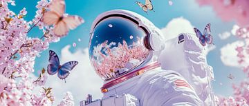 Astronaut met vlinders in een zee van bloemen van Poster Art Shop
