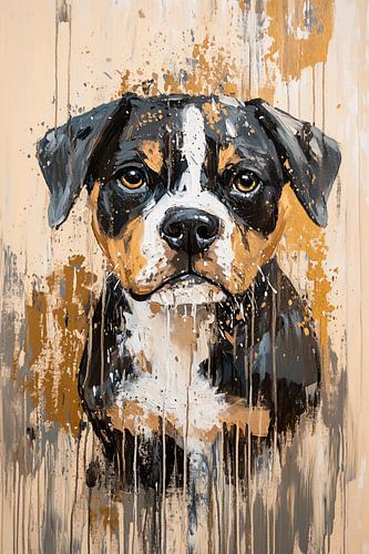 Expressief hondenschilderij met verfspatten
