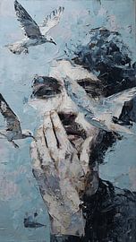 Distorted Figure Feeding Glass Birds in Expressive Abstract Textured Acrylic Painting by Aden Pink Studio