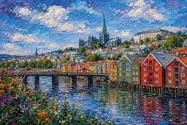 Trondheim in Norwegen, ein impressionistisches Gemälde. von Galerie Hoppenbrouwers