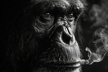 Zwart-wit portret van een nadenkende aap van Felix Brönnimann