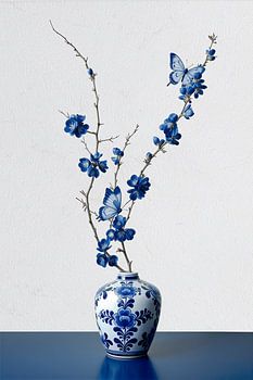 Delfts-blauw Stilleven: Vaas met bloesem en vlinders