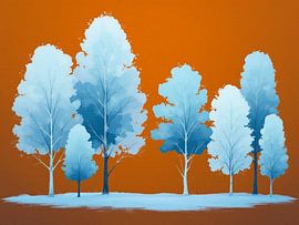 Azure Grove: Eine stille Winterlandschaft unter einem leuchtend orangefarbenen Himmel
