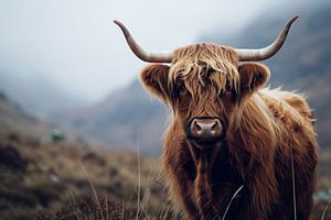 Ein schottischer Hochlandbewohner blickt in den schottischen Bergen in die Kamera
