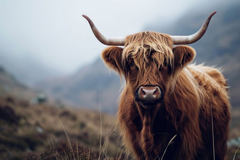Schotse hooglander kijkt in de camera in de schotse bergen van Digitale Schilderijen