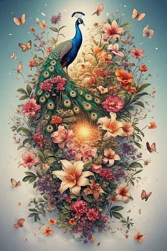 Surrealistische bloemenexplosie met pauw – Etherische botanische fantasiekunstcollage