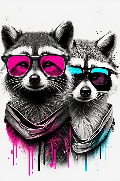 Hippe wasbeer met roze zonnebril van Poster Art Shop