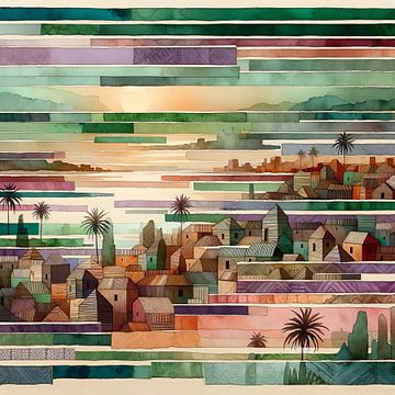 Collage/mozaïek van dorp tegen een heuvel in een warm land van Lois Diallo