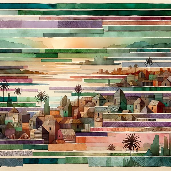 Collage/mosaic of village against a hill in a warm country by Lois Diallo