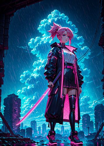 Samurai Anime Girl Cyberpunk Style Japan