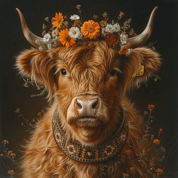 Blumenbekränzte Highlandkuh - Charmantes Kunstwerk für Naturfreunde von Felix Brönnimann