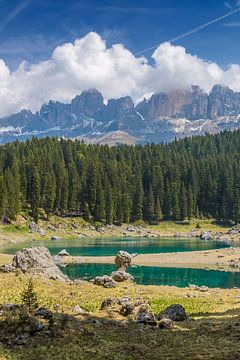 Lake Carezza and mountain range by Melanie Viola