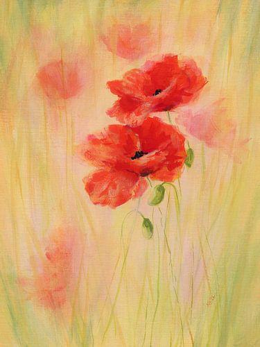 Leuchtend rote Mohnblumen in einem Getreidefeld Acrylgemälde von Karen Kaspar