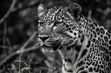 Close-up of a majestic leopard in black and white by Art & Soul Creations