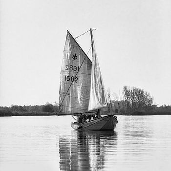 Segelboot im Biesbosch - Schwarz-Weiß-Foto Quadrat