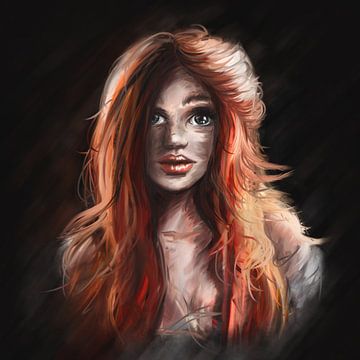 Olieverf schilderij stijl van meisje met rode haren. Digitaal vervaardigd kunstwerk van jonge vrouw  van Emiel de Lange
