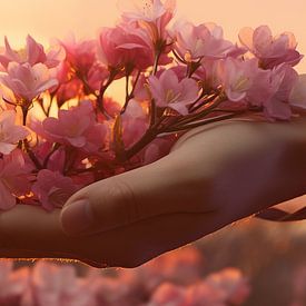 Fleurs se balançant à la main à la lueur du coucher de soleil, design artistique au printemps sur Animaflora PicsStock