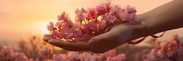 Hand wiegende Blüten im Schein des Sonnenuntergangs, Kunst Design im Frühling