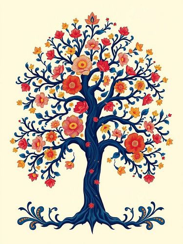 Grillige levensboom: Een levendige volkskunst viering van de natuur's overvloed en eeuwige vernieuwing