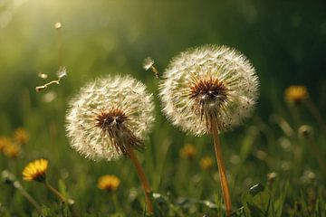 2 uitgebloeide paardenbloemen in het ochtendlicht van Jan Bouma