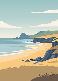 Minimalist flat vector illustration of a rugged coastline with steep cliffs and a sandy beach.