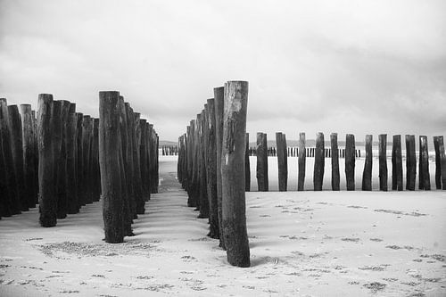 Rijen met golfbrekers aan het strand bij Wissant (Opaalkust Frankrijk)