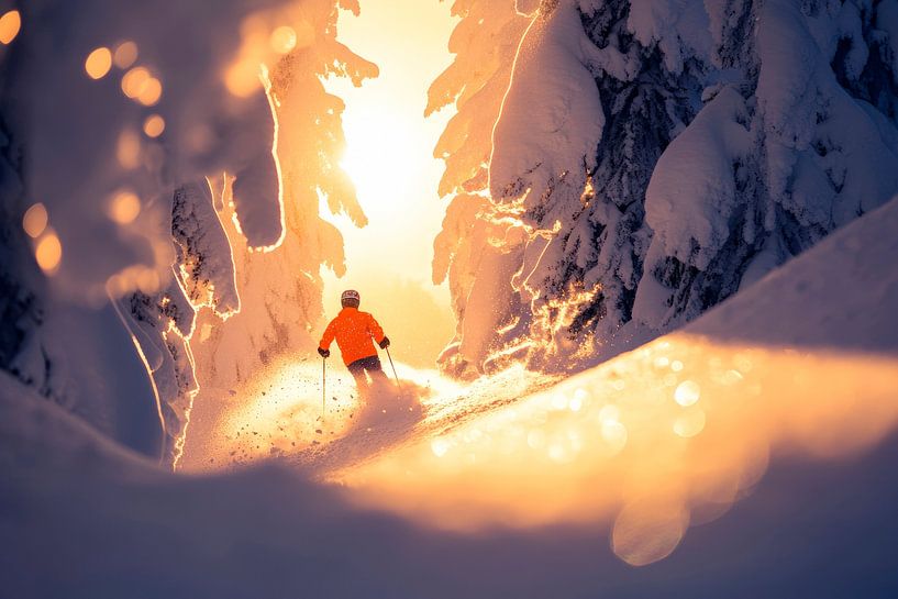 Skiers in the wintry forest light by Poster Art Shop