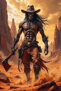 Dark Fantasy Wandbild: NECROWARD – Ein Grim Reaper Cowboy wandert mit einer Axt durch die Steppe