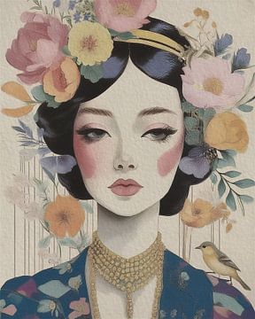 Retrolook portret van een vrouw met vogeltje van Studio Pieternel