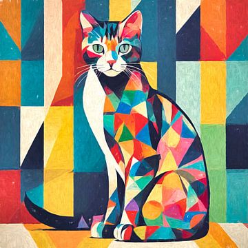 Kleurrijke kat in kubisme van Arjen Roos
