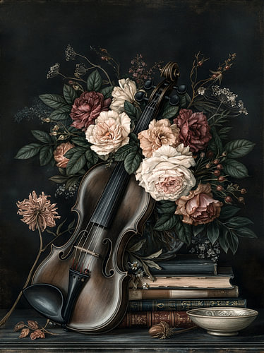 Klassische Geige mit Blumen und alten Büchern