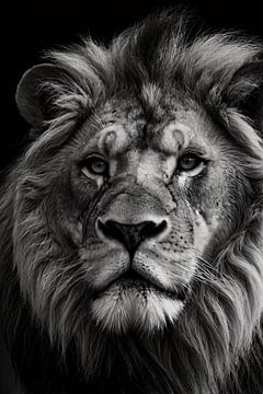 Black-and-white portrait of an imposing lion by Art & Soul Creations