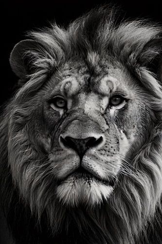 Zwart-wit portret van een imposante leeuw