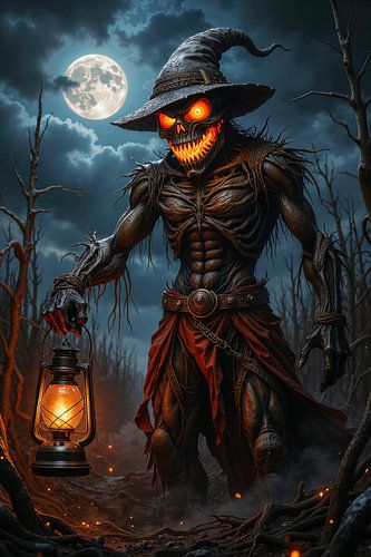 Dark Fantasy Wandbild: SCARETHORN – Eine dämonische Vogelscheuche wandert nachts über das Feld
