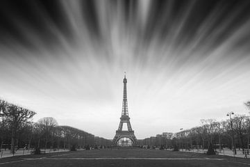 Eiffel Tower Paris clouds black and white by Dennis van de Water