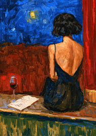 Starry Night of Longing – Woman in a backless dress with wine by Niklas Maximilian