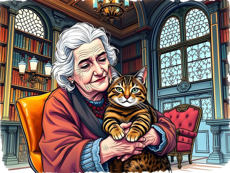 Elderly woman with her cat by Linda de Klein