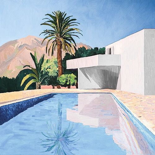 Modern schilderij met villa, zwembad en palmbomen