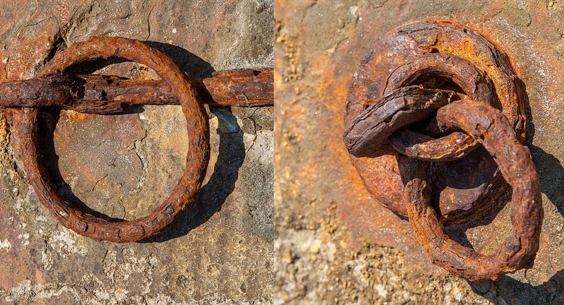 anneaux métalliques rouillés sur un mur de quai à Milos, Grèce par Jan Fritz
