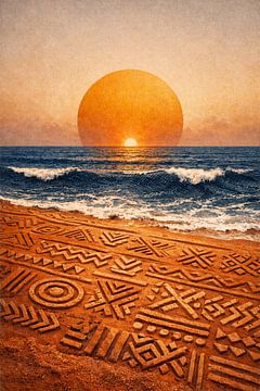 Afrohemian Coastal Sunset with Mudcloth Sand Pattern by Avinigav