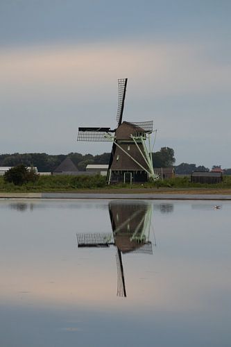 Mill under a soft blue-white sky, with reflection in the water