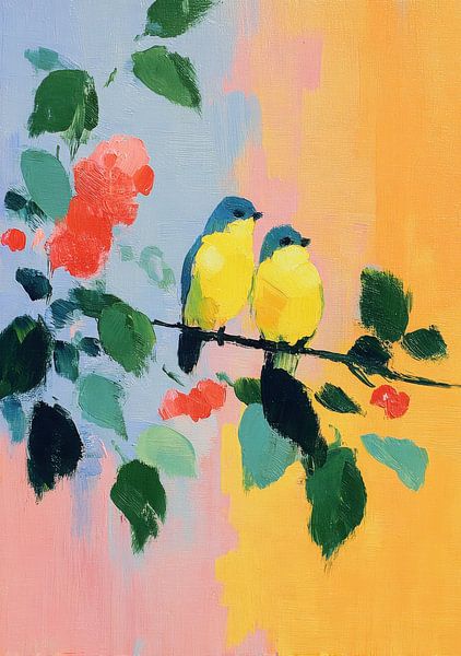 Birds on a branch - Abstract pastel painting by Niklas Maximilian