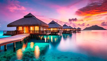 Bungalows im Meer mit Sonnenuntergang von Mustafa Kurnaz