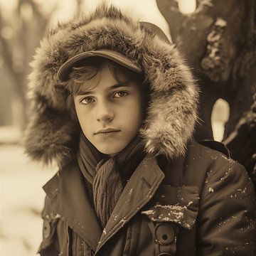 Photo of Soviet times, dashing 60s, teenager in coat and fur hat, winter, realistic photo monochrome by Animaflora PicsStock