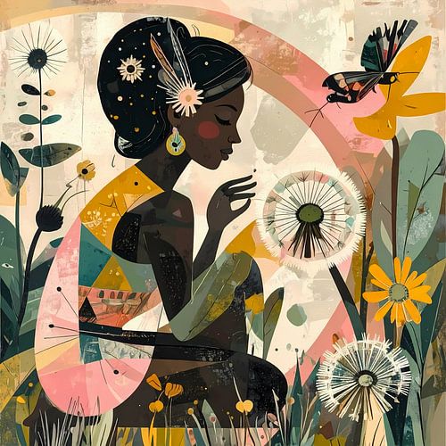 Fee expressionitisch en kleurig roze groen oranje goud zwart en beige