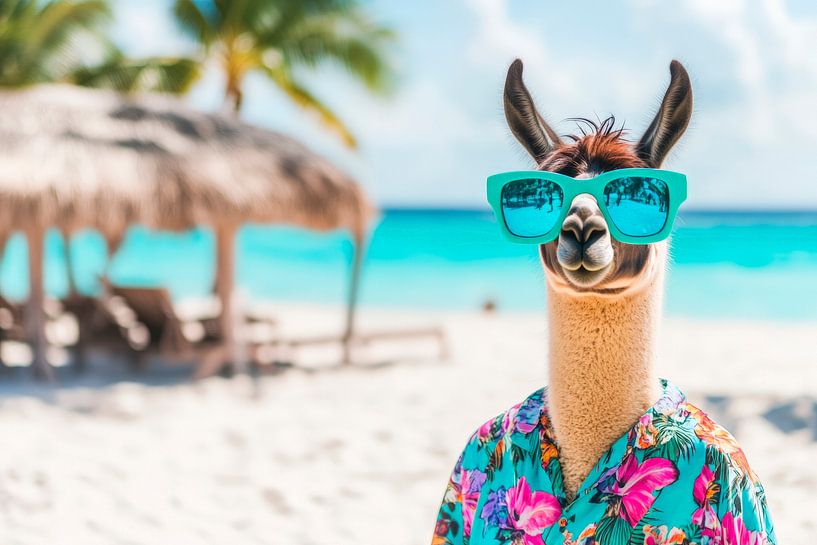 Lama in Sonnenbrille am Strand von Poster Art Shop