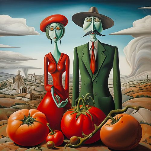Tomato farmer couple caricature landscape portrait