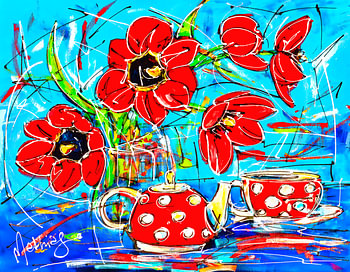 Stillleben mit Tulpen und Teeservice