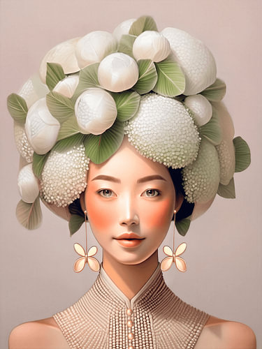 A stylish portrait of a woman wearing a floral wreath, in soft shades