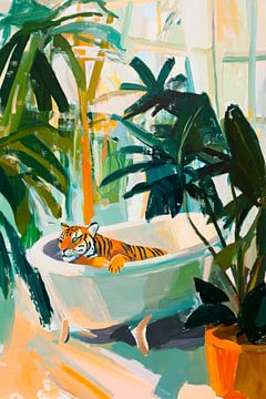 Tijger in bad met planten van Poster Art Shop